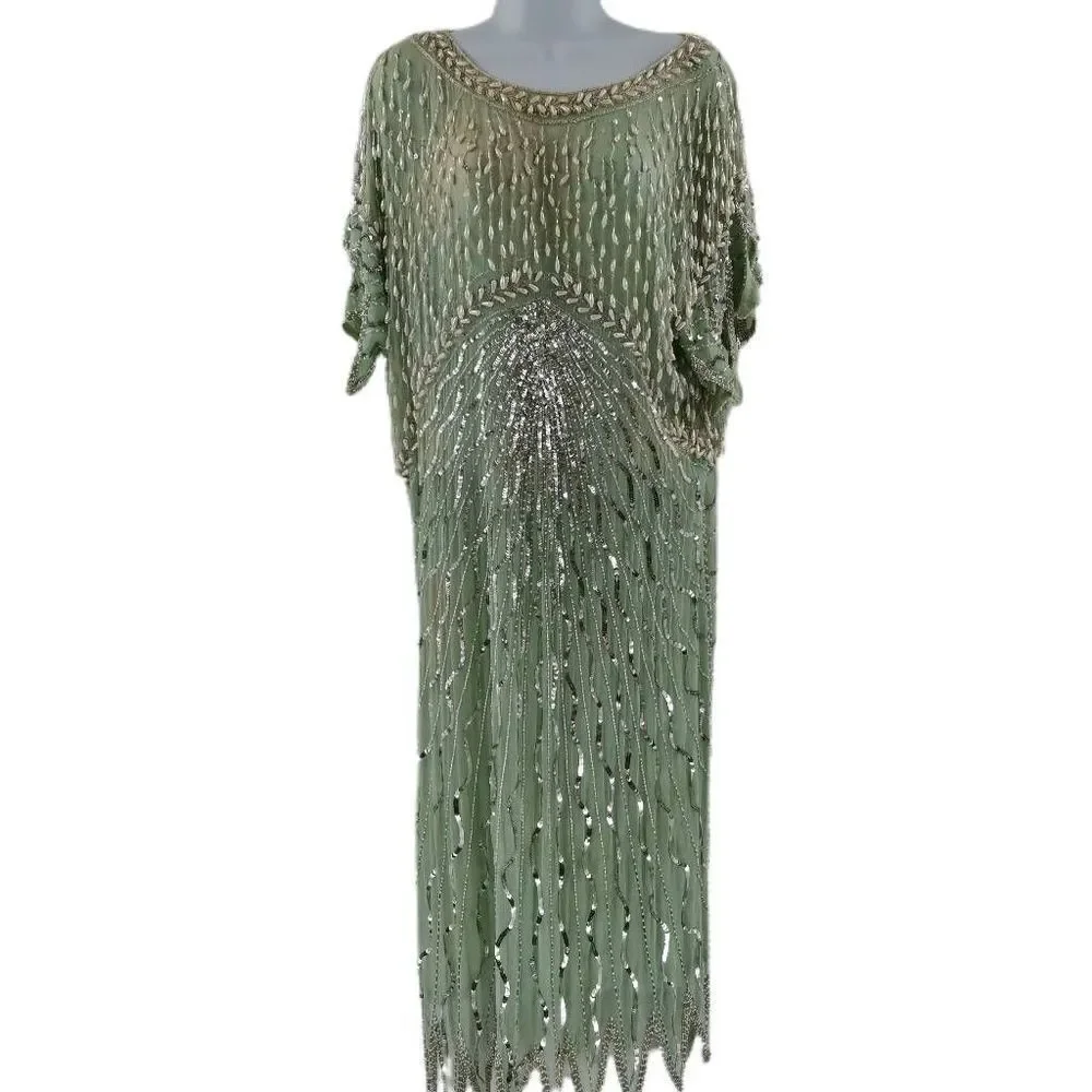 Vintage Mint Green & Silver Sequin Dress with Beaded Pearl Fringes | Large - Picture 2 of 9